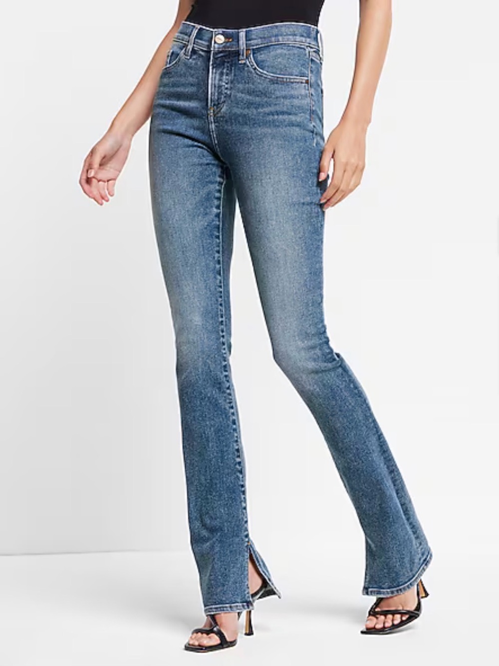 Express Skyscraper Mid-Rise Flare Jeans with Front Hem Slit
